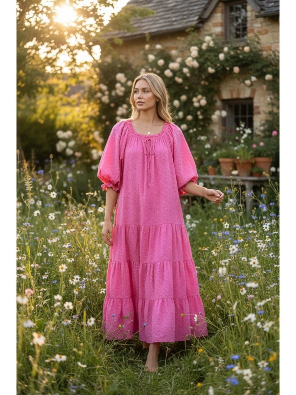 Ivy City Peasant Puff Sleeves Eyelet Maxi Dress Large Pink Bow Tiered Feminine